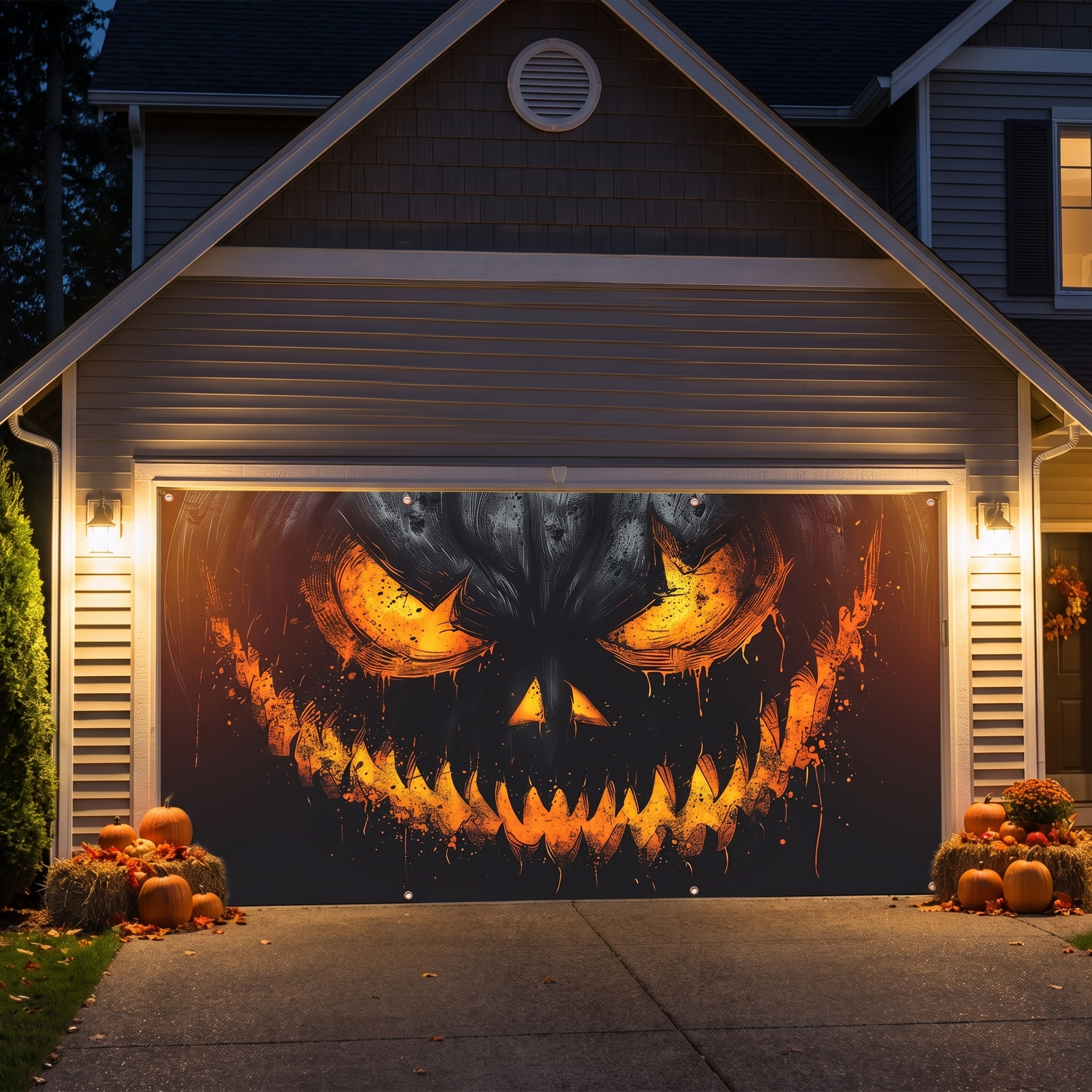 Glowing Halloween banner draped over a garage door at night