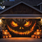 Halloween garage banner with a decorated yard at night