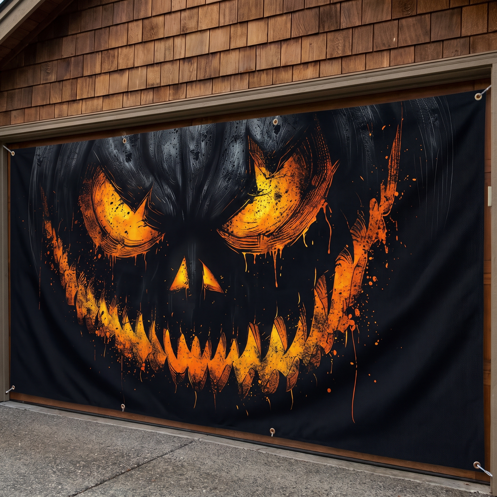 Close up of the glowing Halloween garage banner print