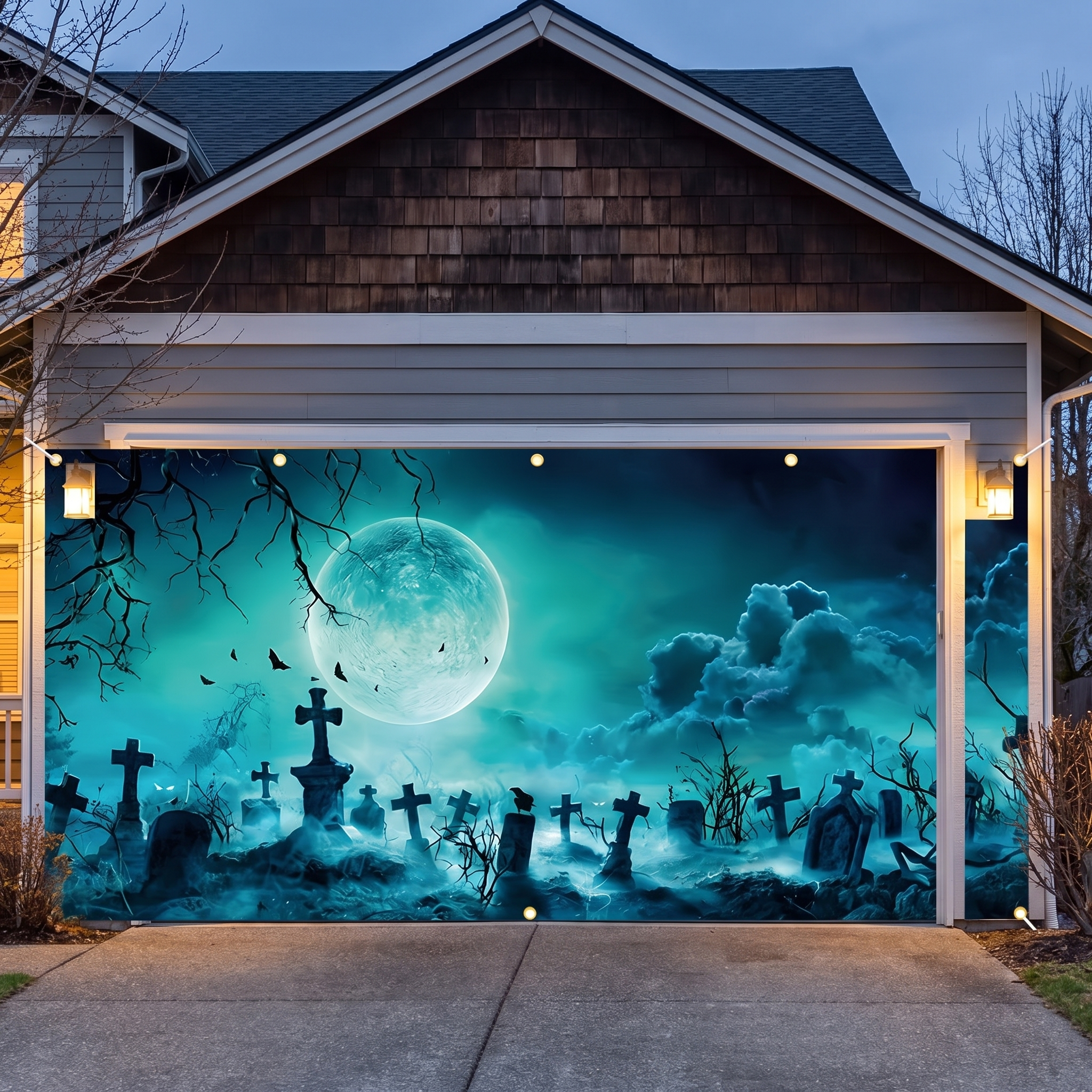 Graveyard garage banner with the house visible at dusk