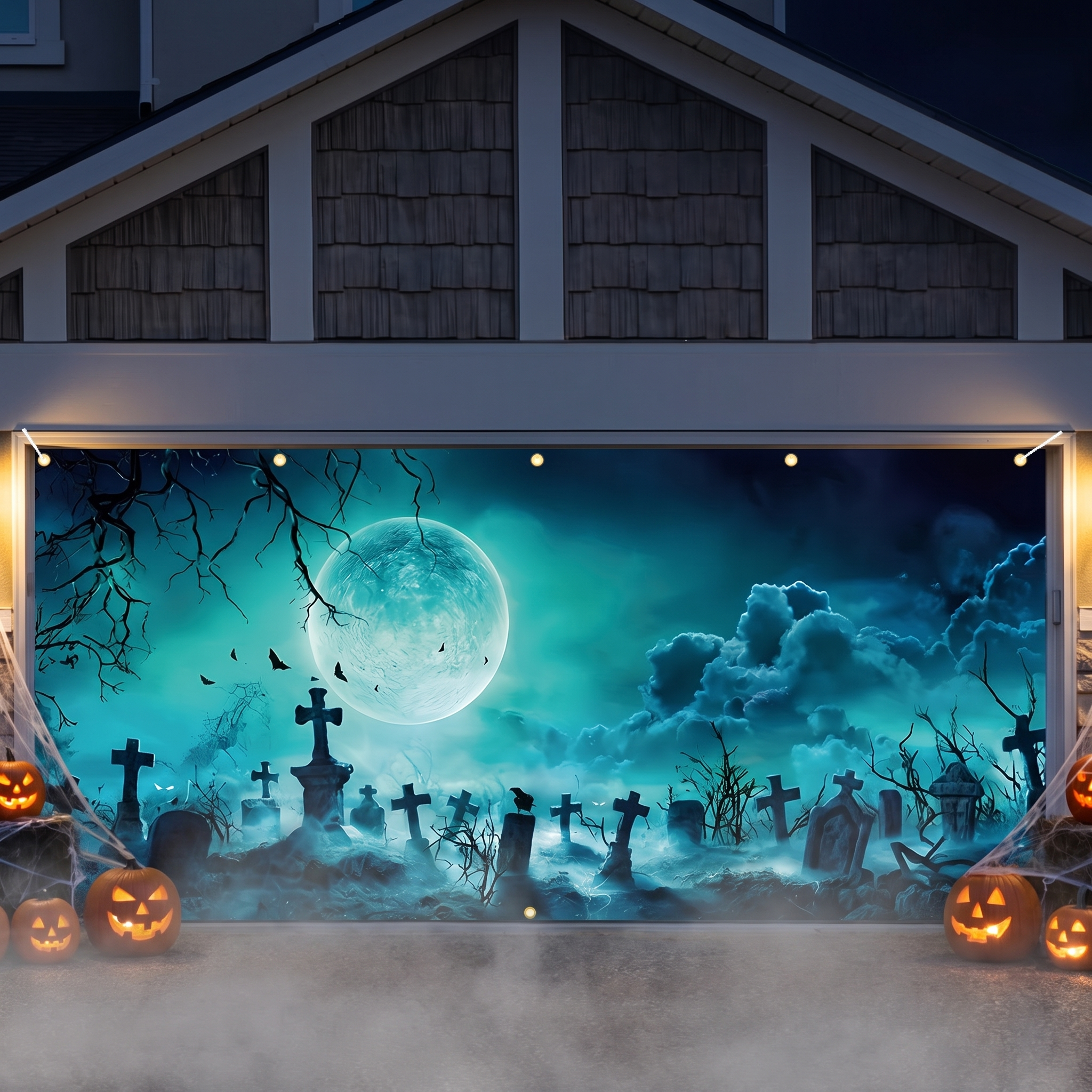 Graveyard banner on a garage door at night with fog