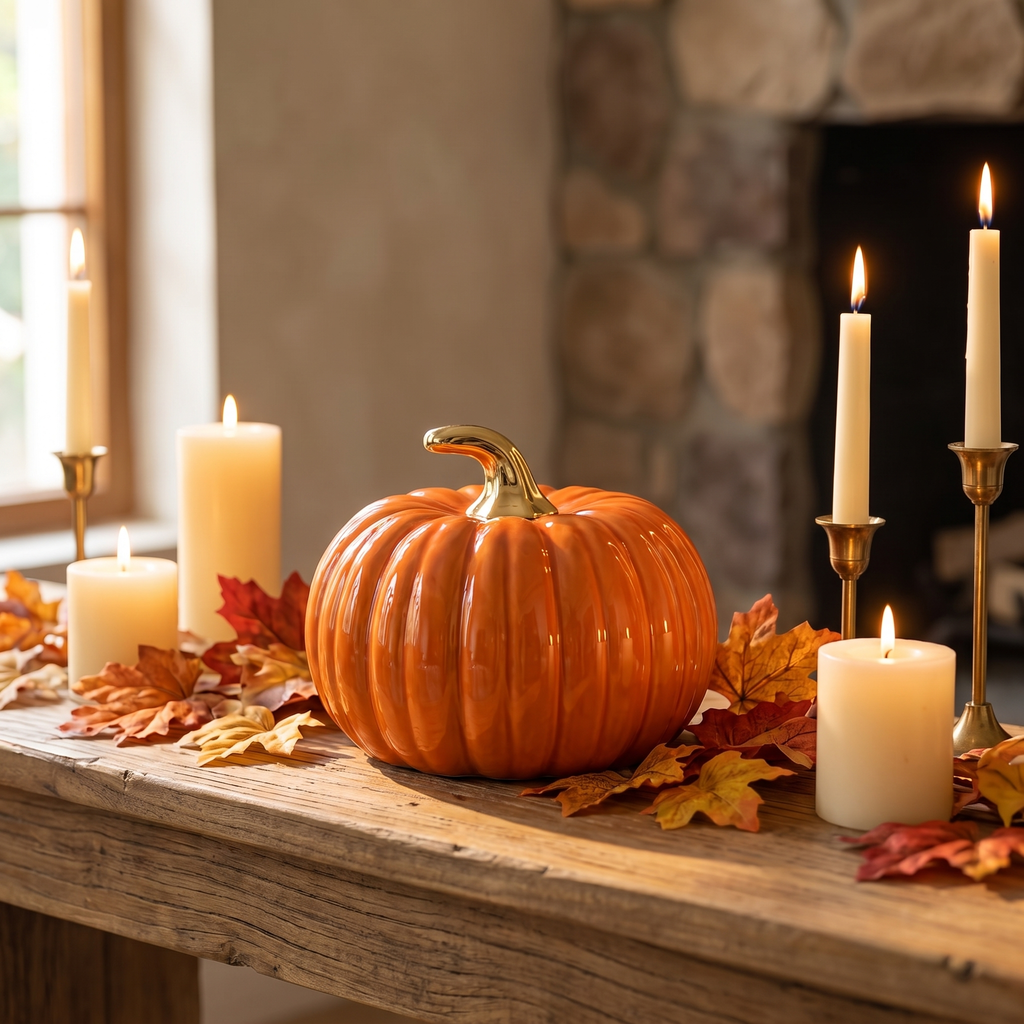 Ceramic pumpkin on a cozy autumn mantel with candles