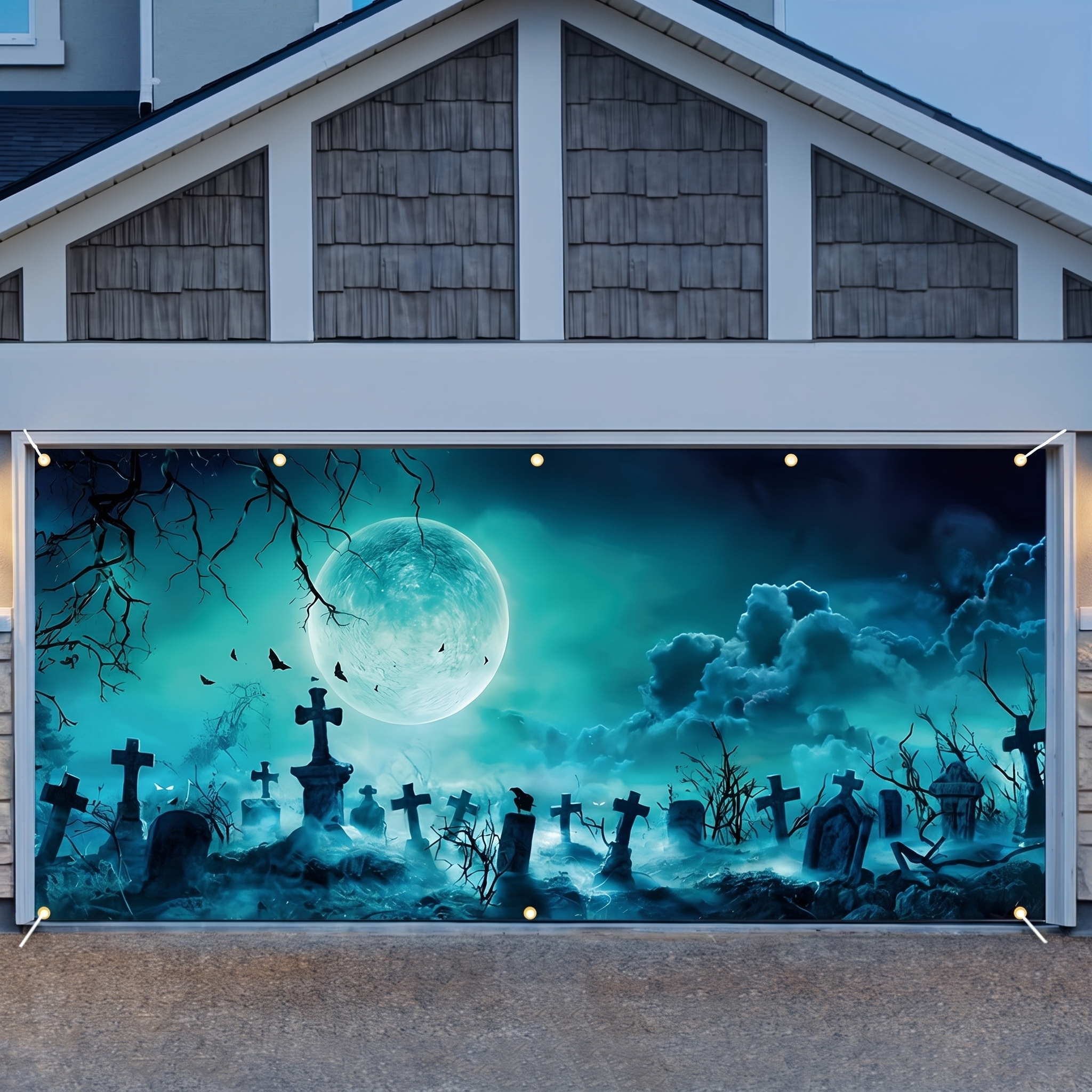 Close up of the graveyard and bats banner print