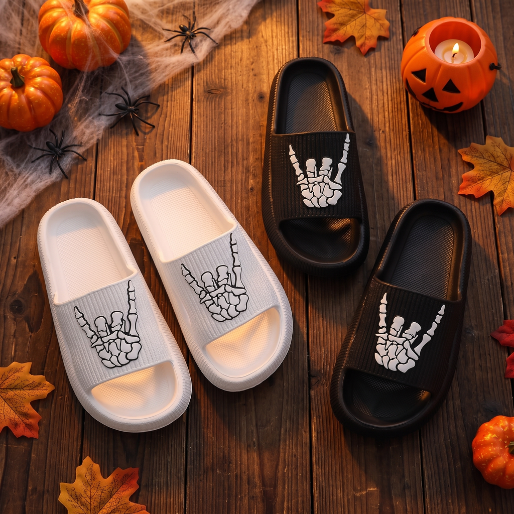 Skull hand slides styled on a floor with Halloween styling