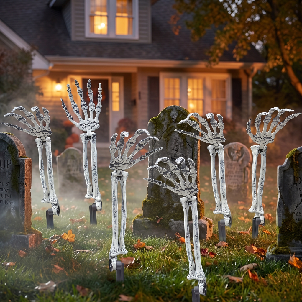 Skeleton hand stakes in a Halloween decorated yard with tombstones