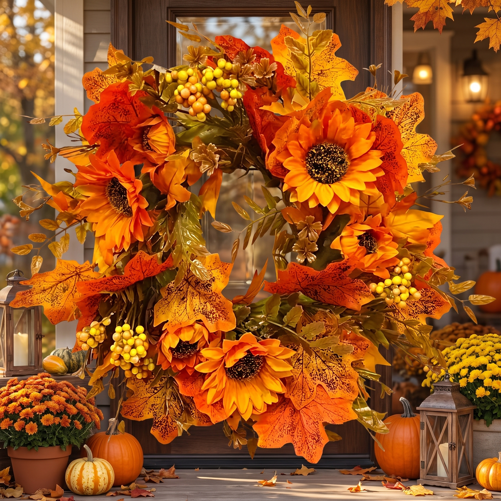 Sunflower wreath hung on a front door with warm autumn light