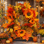 Sunflower wreath hung on a front door with warm autumn light