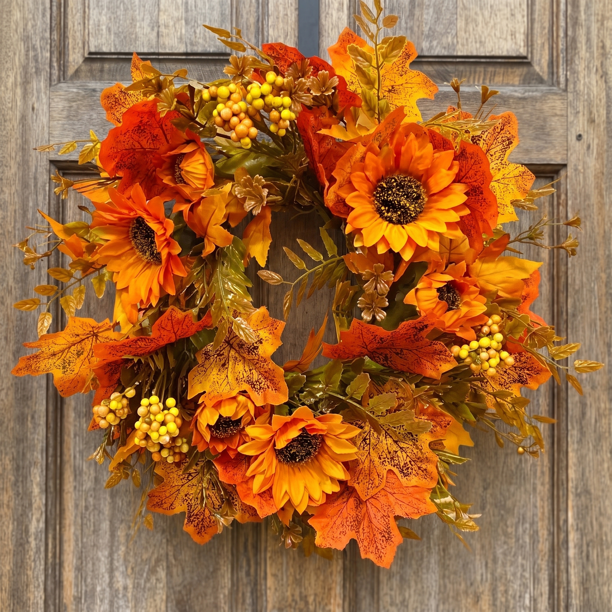 Close up of the sunflower wreath flowers and berries
