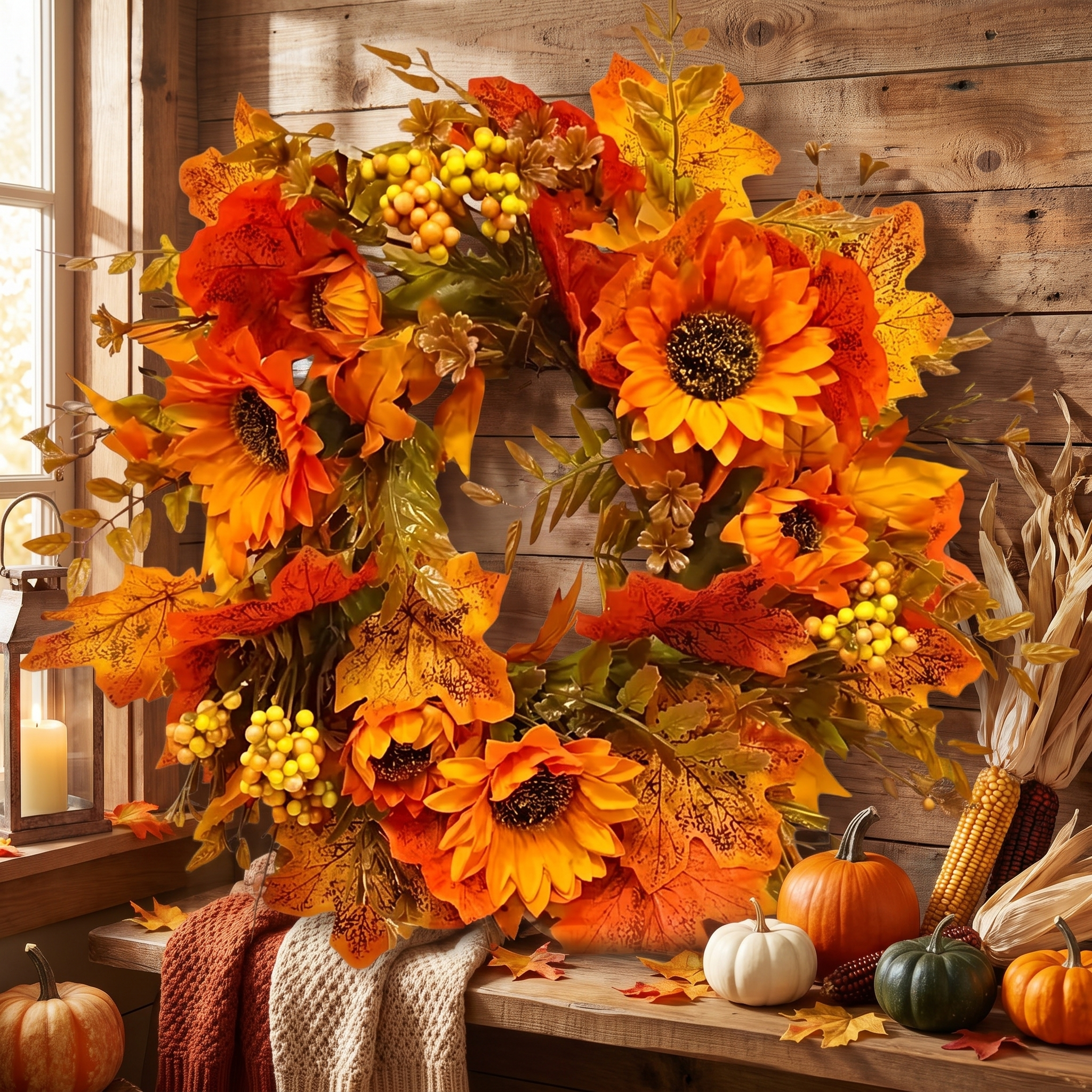 Sunflower wreath on a rustic wall with fall decor