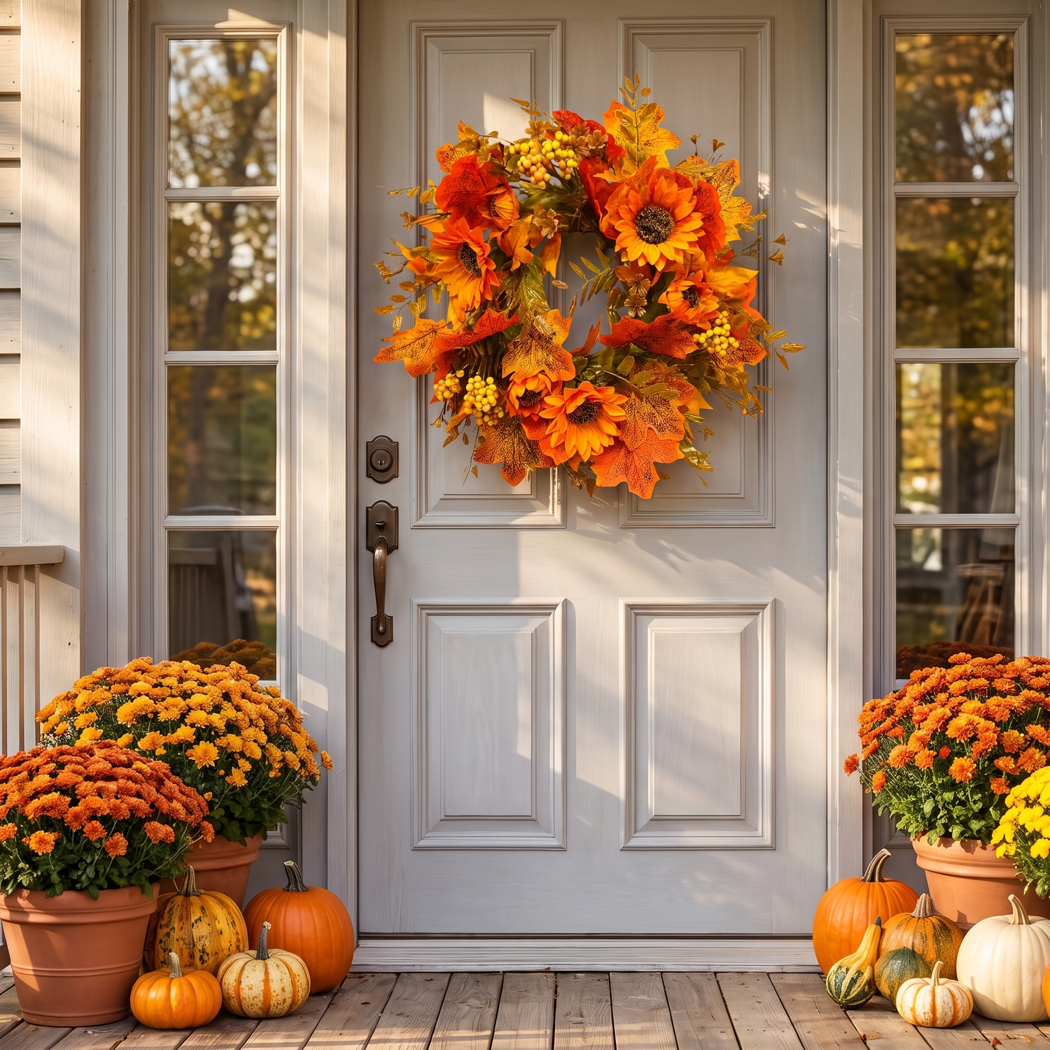 Sunflower wreath on a decorated front door with mums and pumpkins