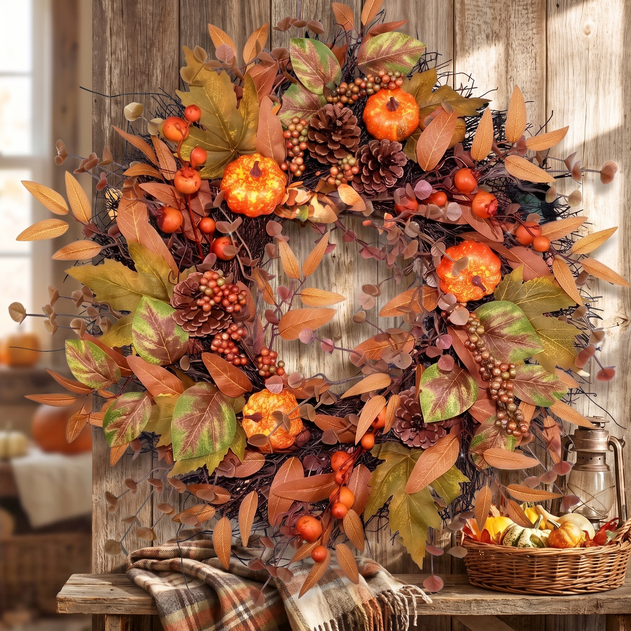Fall pumpkin wreath on a rustic wall with fall decor