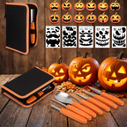 Pumpkin carving kit beside carved glowing jack-o-lanterns on a table