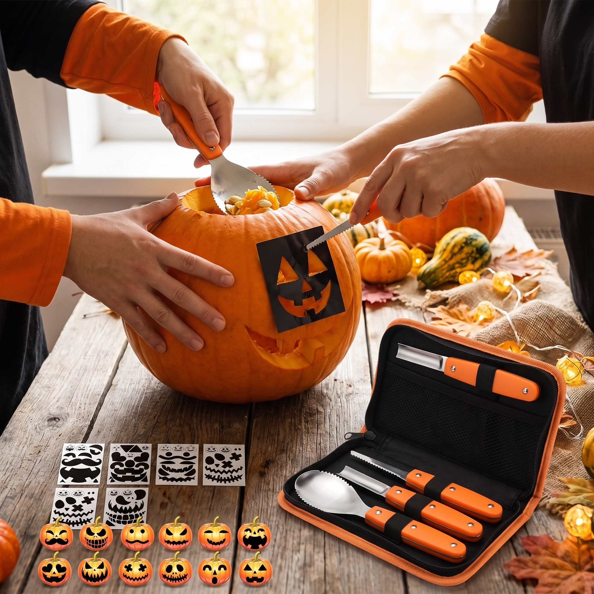 Carving tools carving a pumpkin, hands in frame
