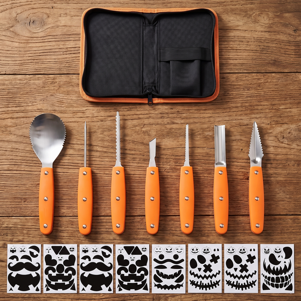 Flat lay of the pumpkin carving kit tools stencils and case