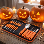 13-piece carving kit beside carved glowing jack-o-lanterns