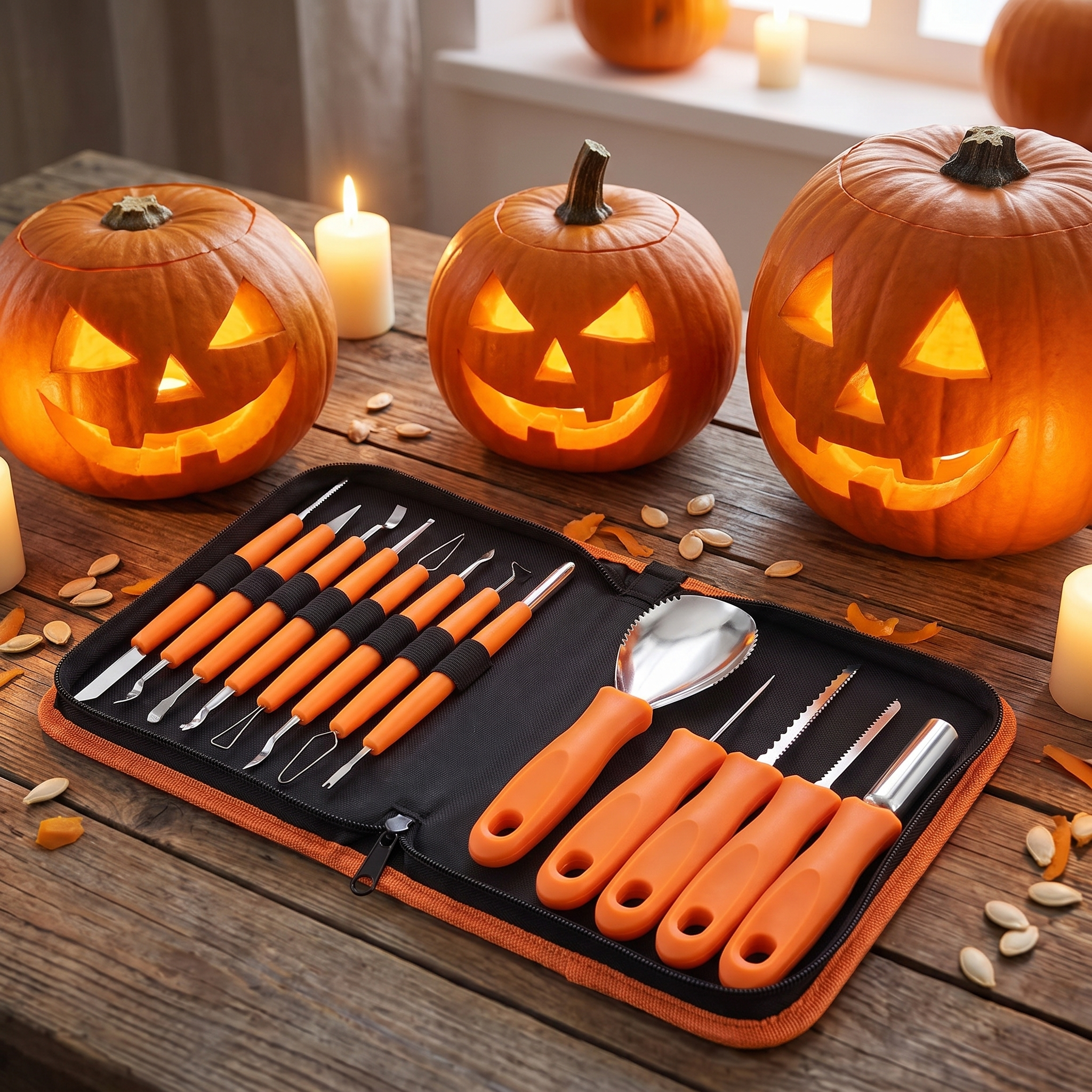 13-piece carving kit beside carved glowing jack-o-lanterns