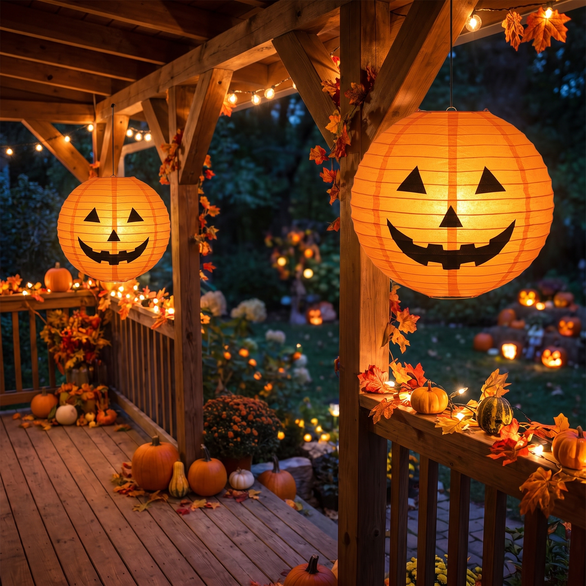 Two paper pumpkin lanterns glowing on a decorated porch at night