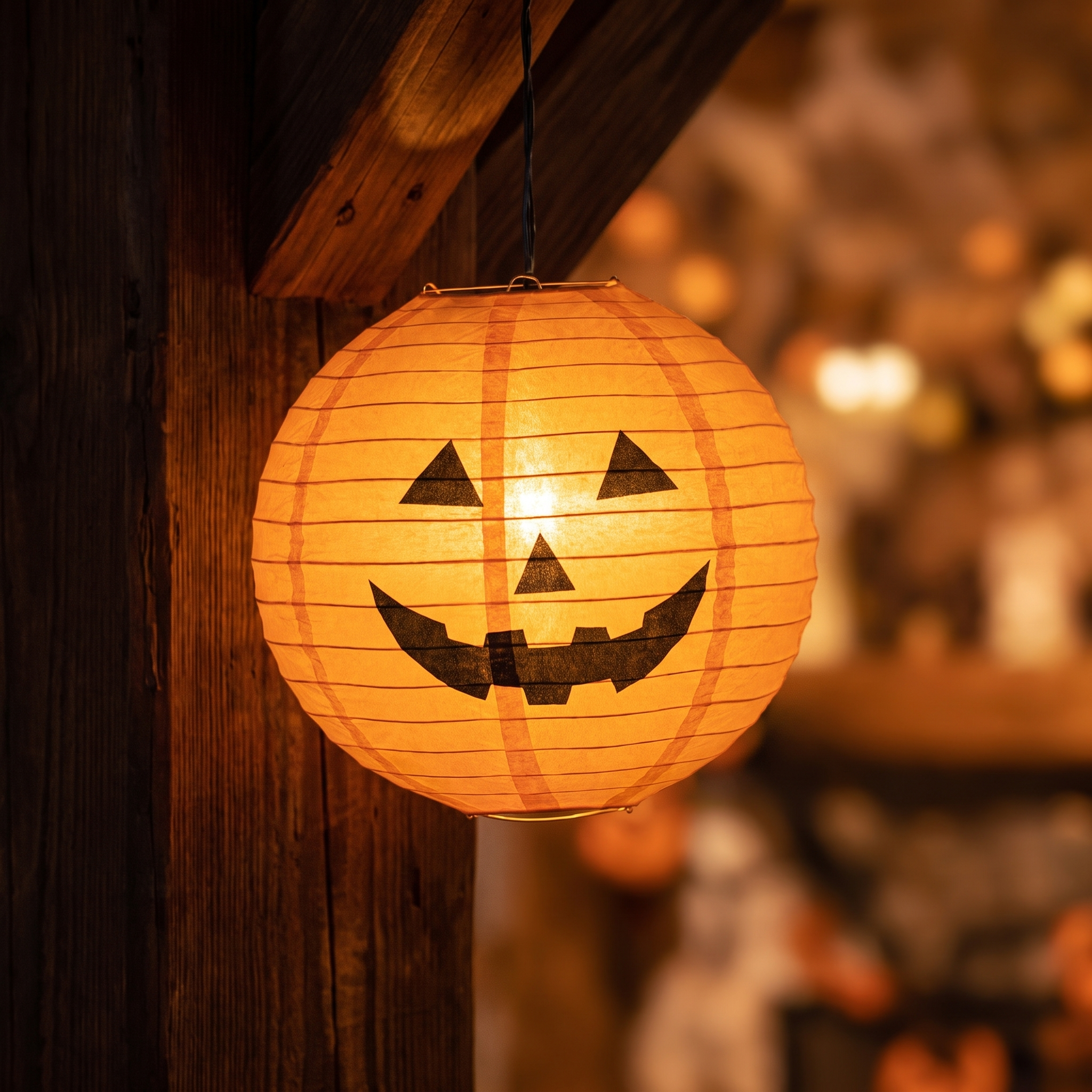 Close up of one glowing paper pumpkin lantern