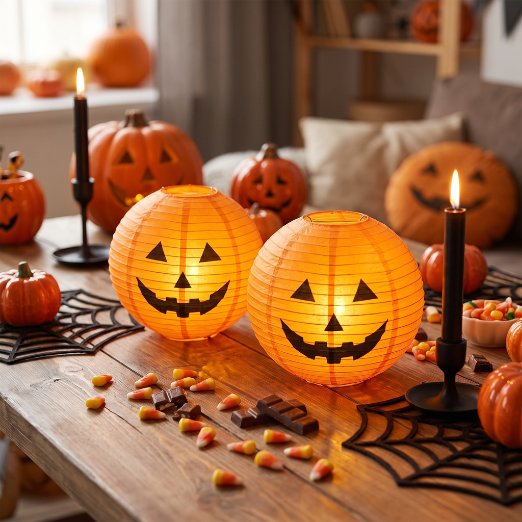 Paper pumpkin lanterns glowing on a Halloween party table