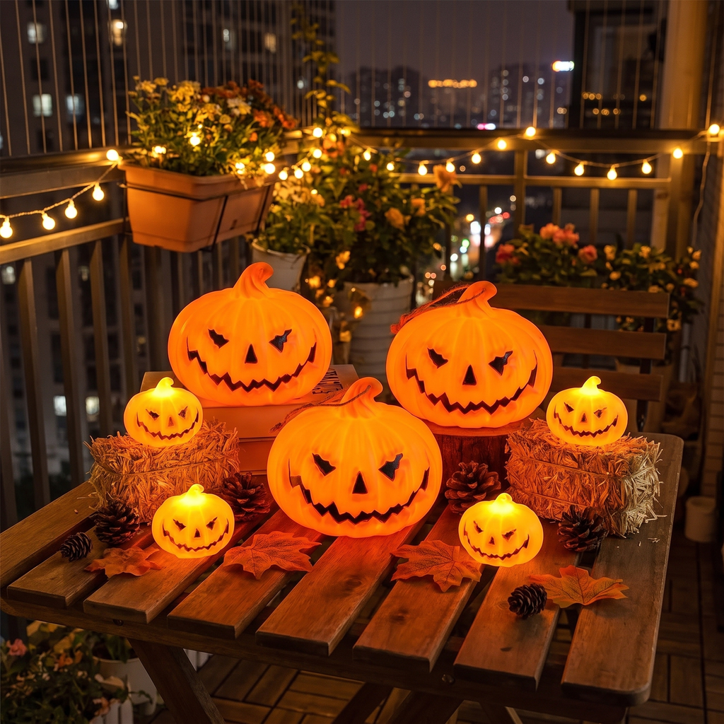 Ghost face pumpkin lamp glowing on a decorated balcony at night