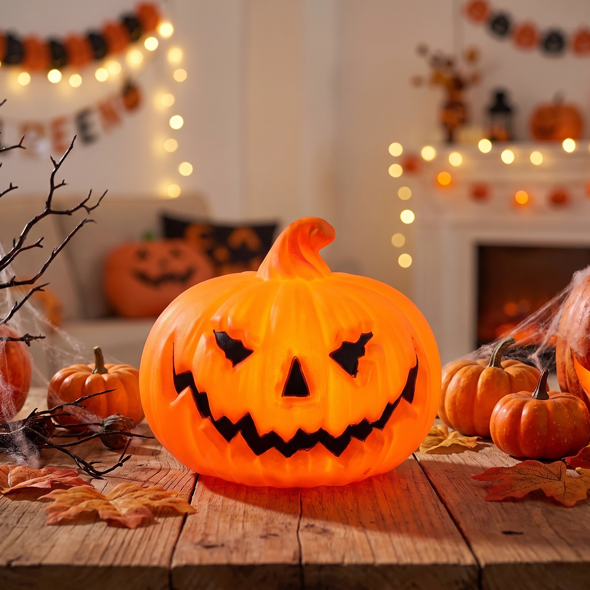 Ghost face pumpkin lamp glowing on a table in a decorated scene