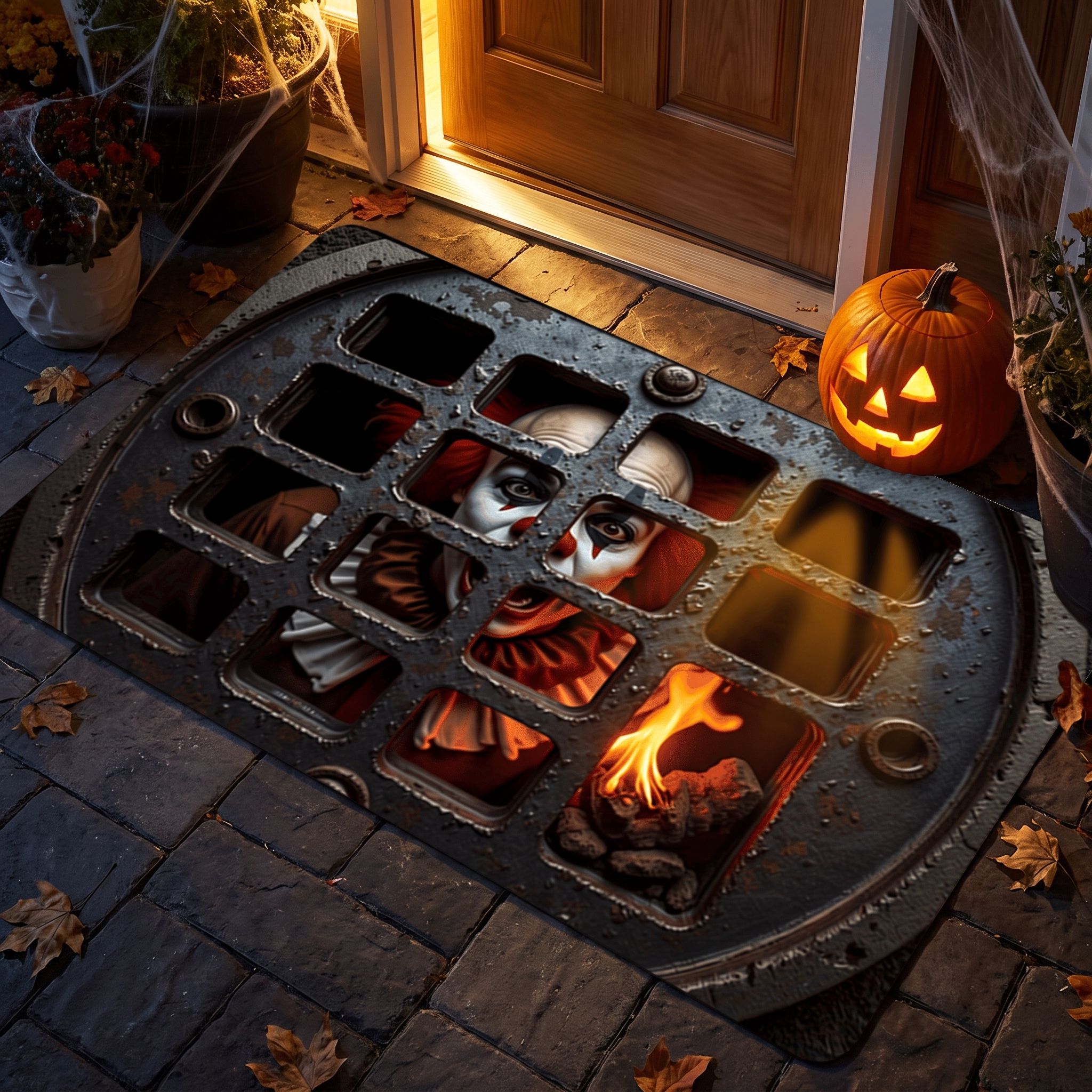 Horror doormat by a front door at night with a warm porch light and jack-o-lantern