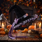 Crooked Ruched Witch Hat with Bow - Large Black Halloween Wizard Hat