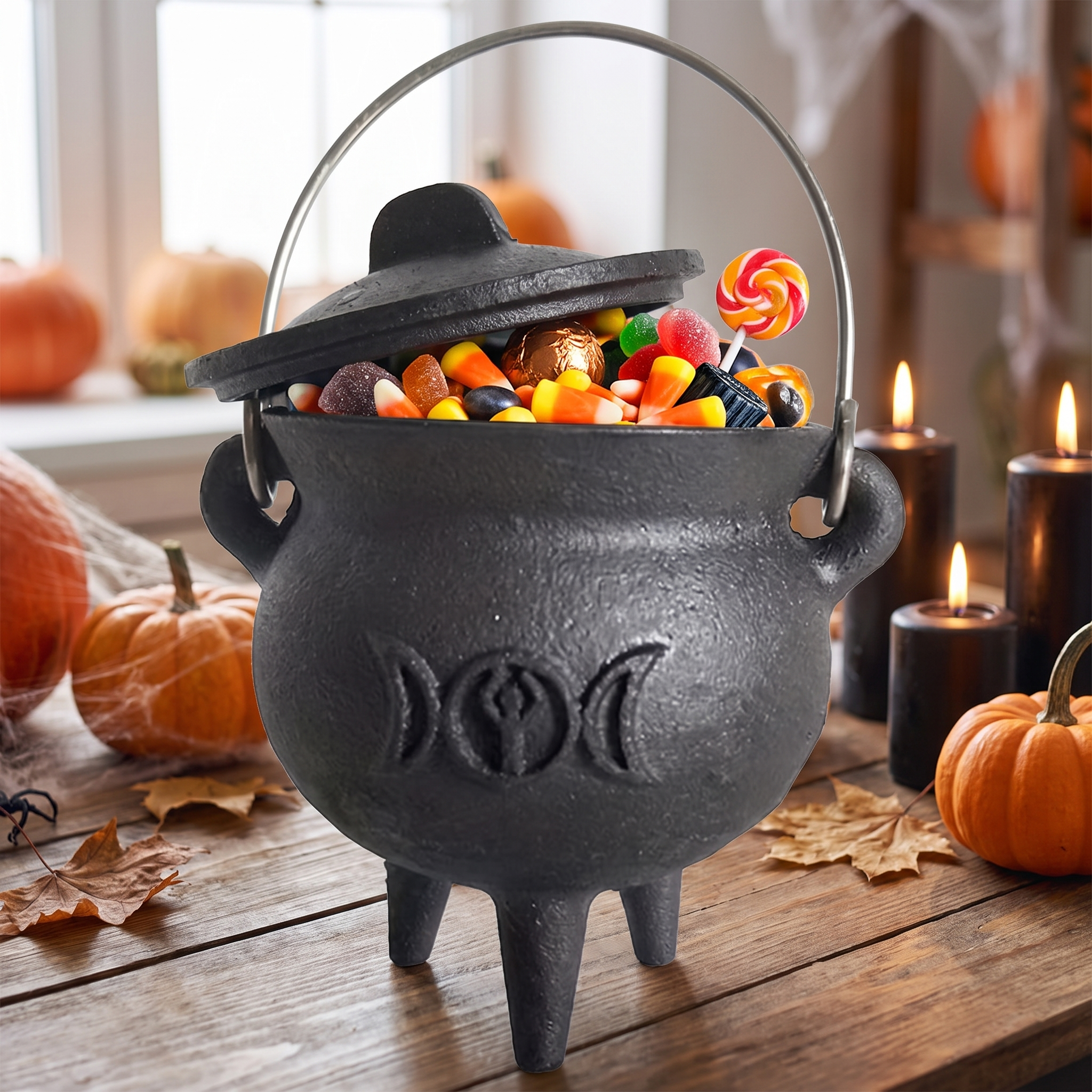 Witch Cauldron with Lid & Handle - Cast-Style Halloween Decor & Spell Pot