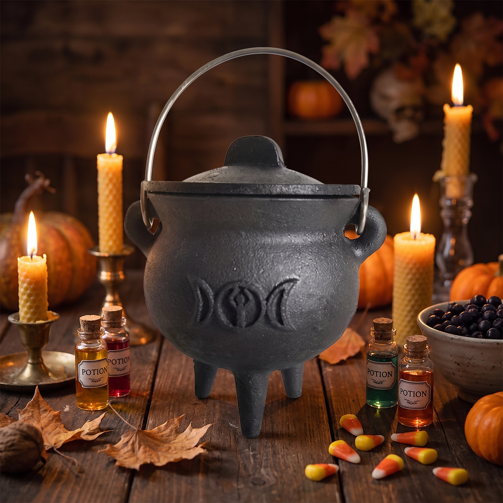 Witch Cauldron with Lid & Handle - Cast-Style Halloween Decor & Spell Pot