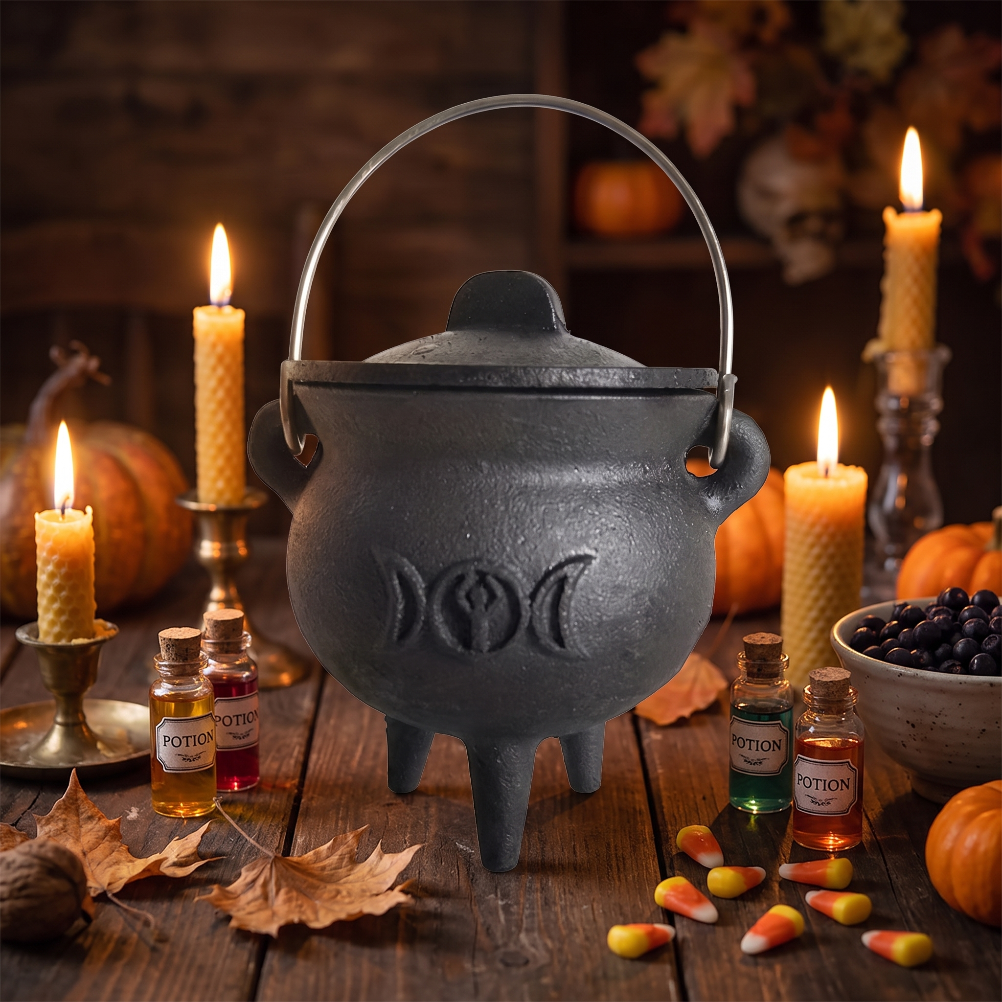 Witch Cauldron with Lid & Handle - Cast-Style Halloween Decor & Spell Pot