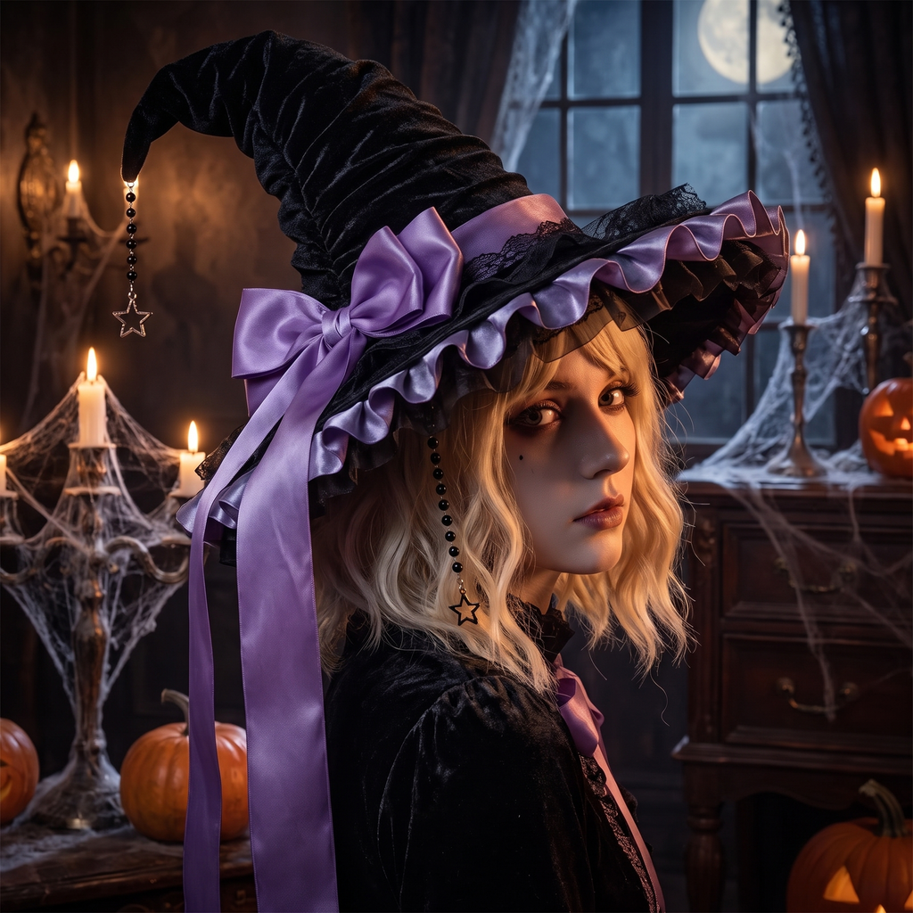 Crooked Ruched Witch Hat with Bow - Large Black Halloween Wizard Hat