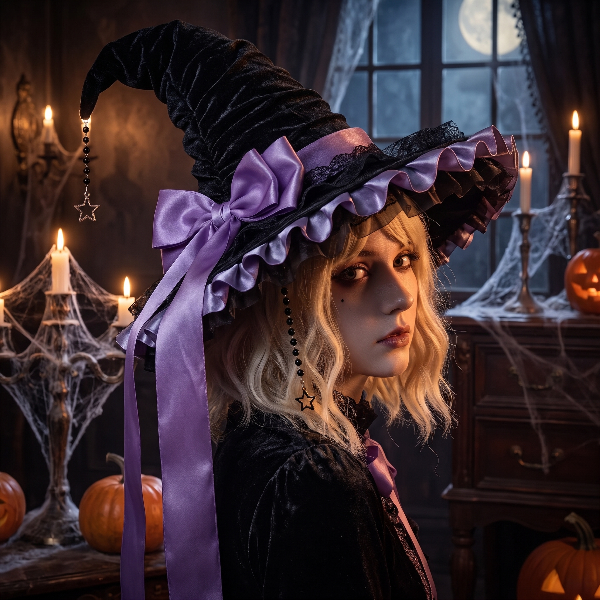 Crooked Ruched Witch Hat with Bow - Large Black Halloween Wizard Hat