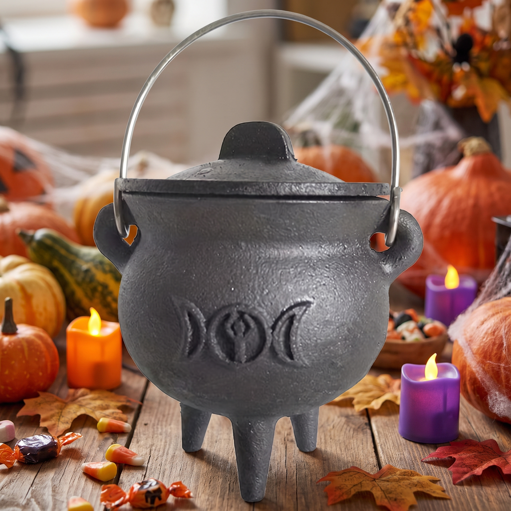 Witch Cauldron with Lid & Handle - Cast-Style Halloween Decor & Spell Pot