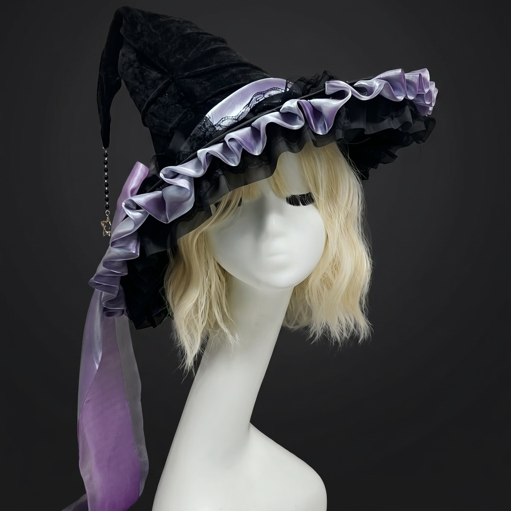 Crooked Ruched Witch Hat with Bow - Large Black Halloween Wizard Hat