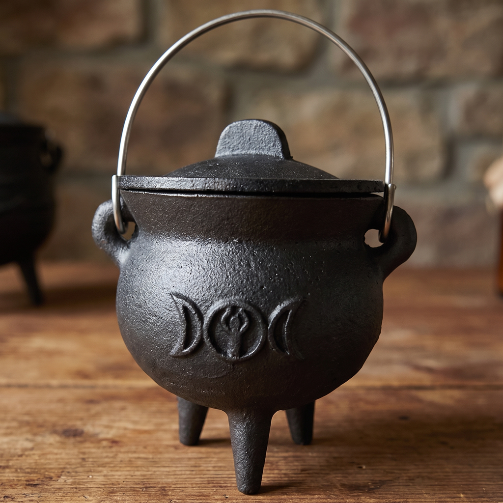 Witch Cauldron with Lid & Handle - Cast-Style Halloween Decor & Spell Pot