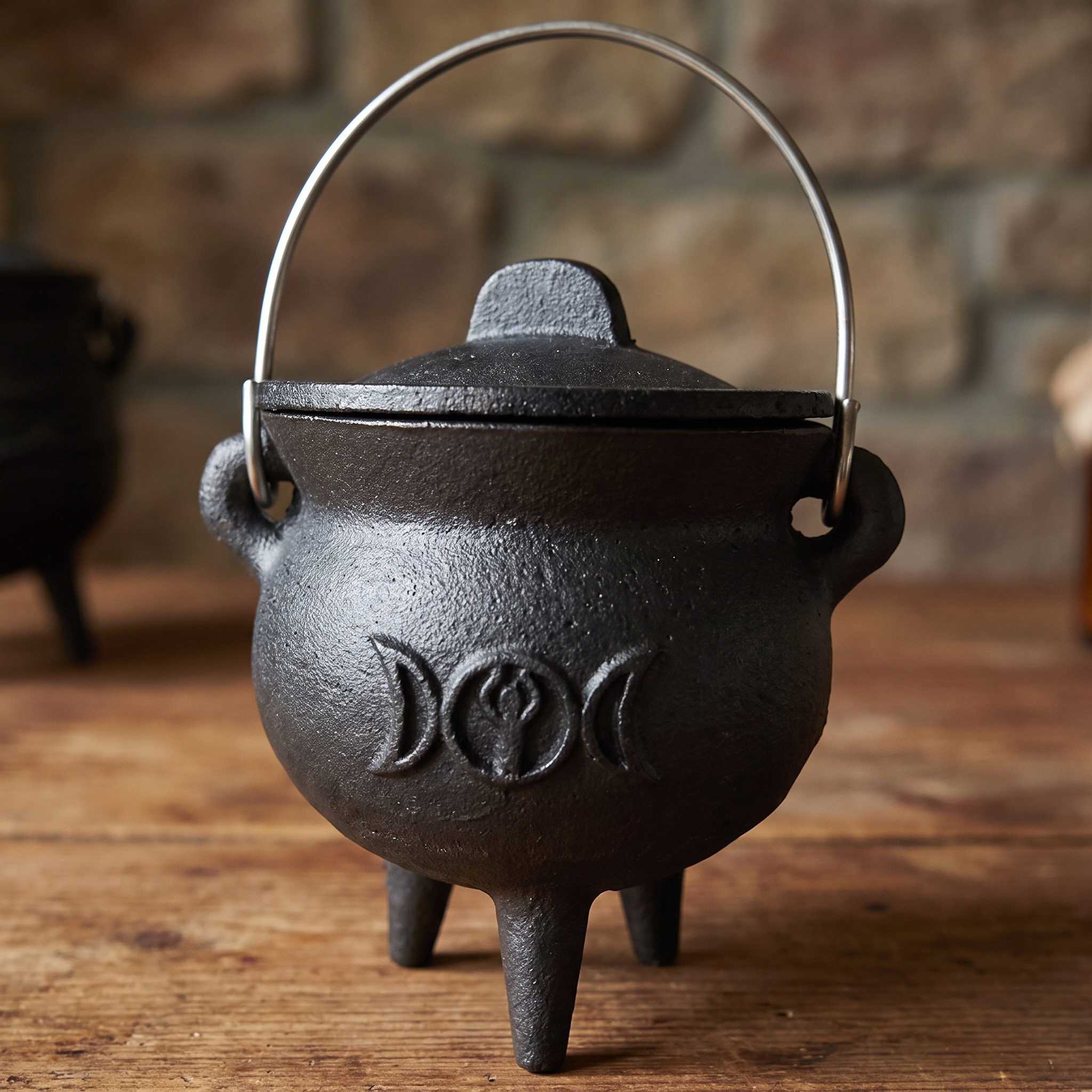 Witch Cauldron with Lid & Handle - Cast-Style Halloween Decor & Spell Pot