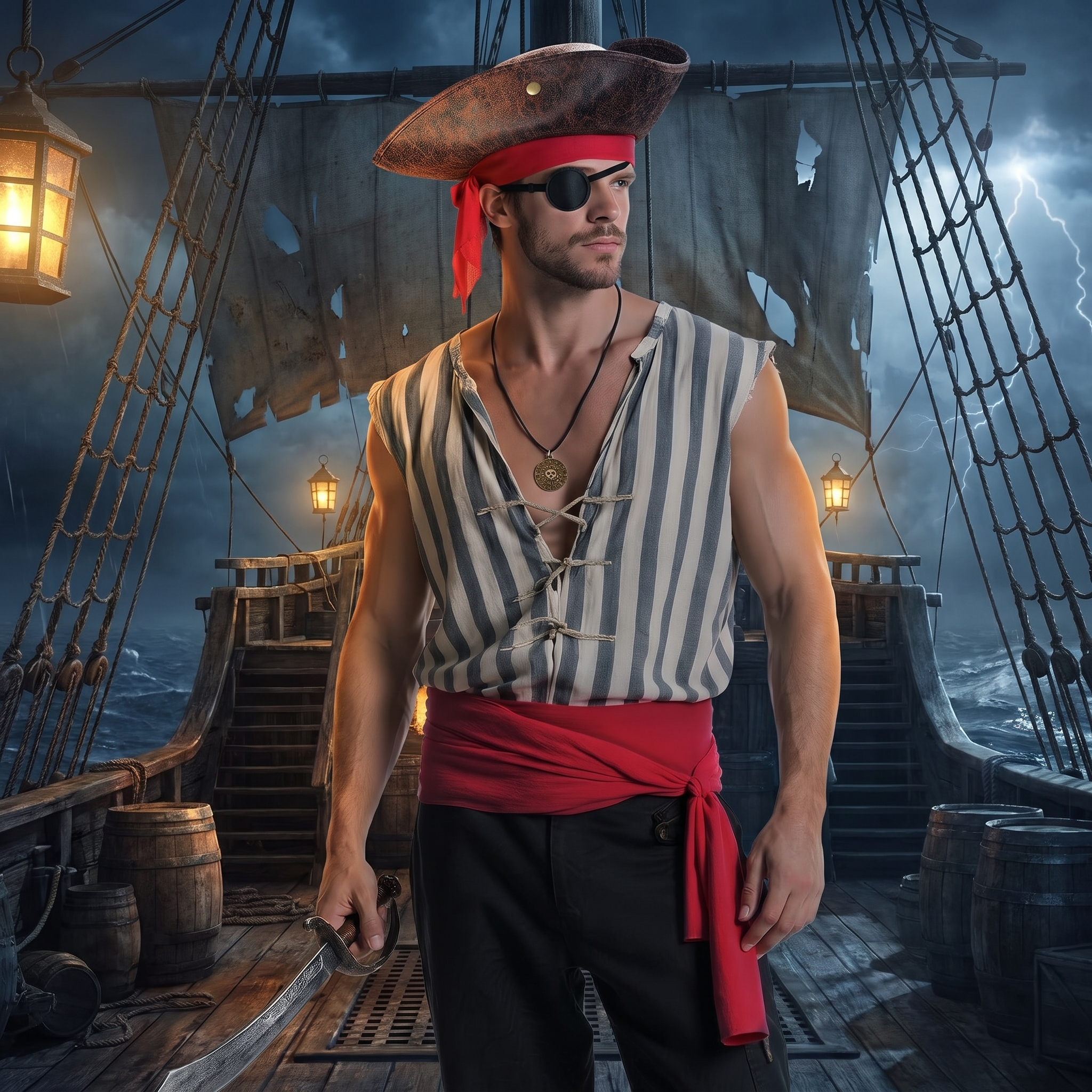 5-Piece Pirate Costume Accessories Set - Hat, Bandana, Sash, Eye Patch & Necklace