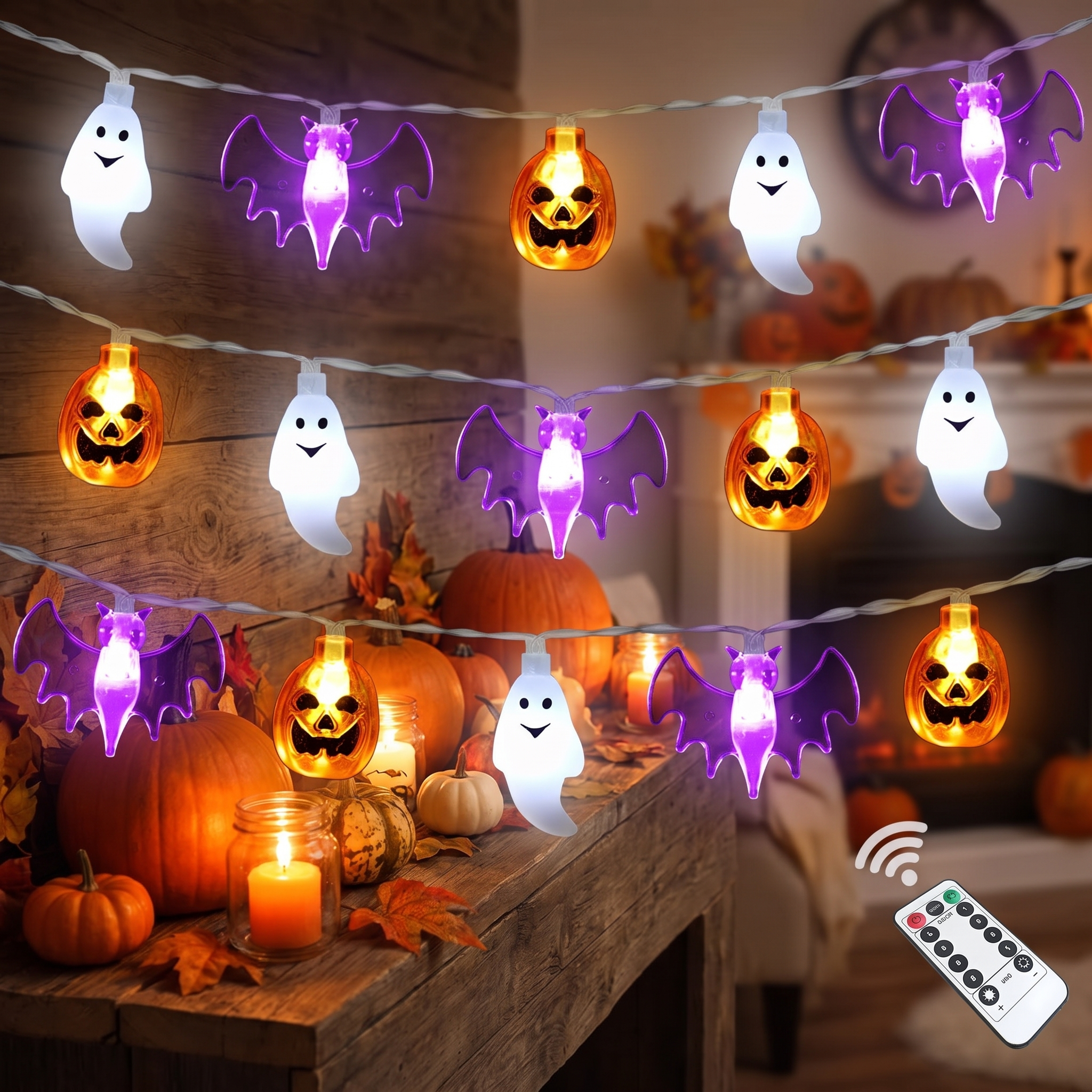Halloween String Lights 16ft - 30 LED 3D Pumpkin, Bat & Ghost, Battery, 8 Modes & Timer
