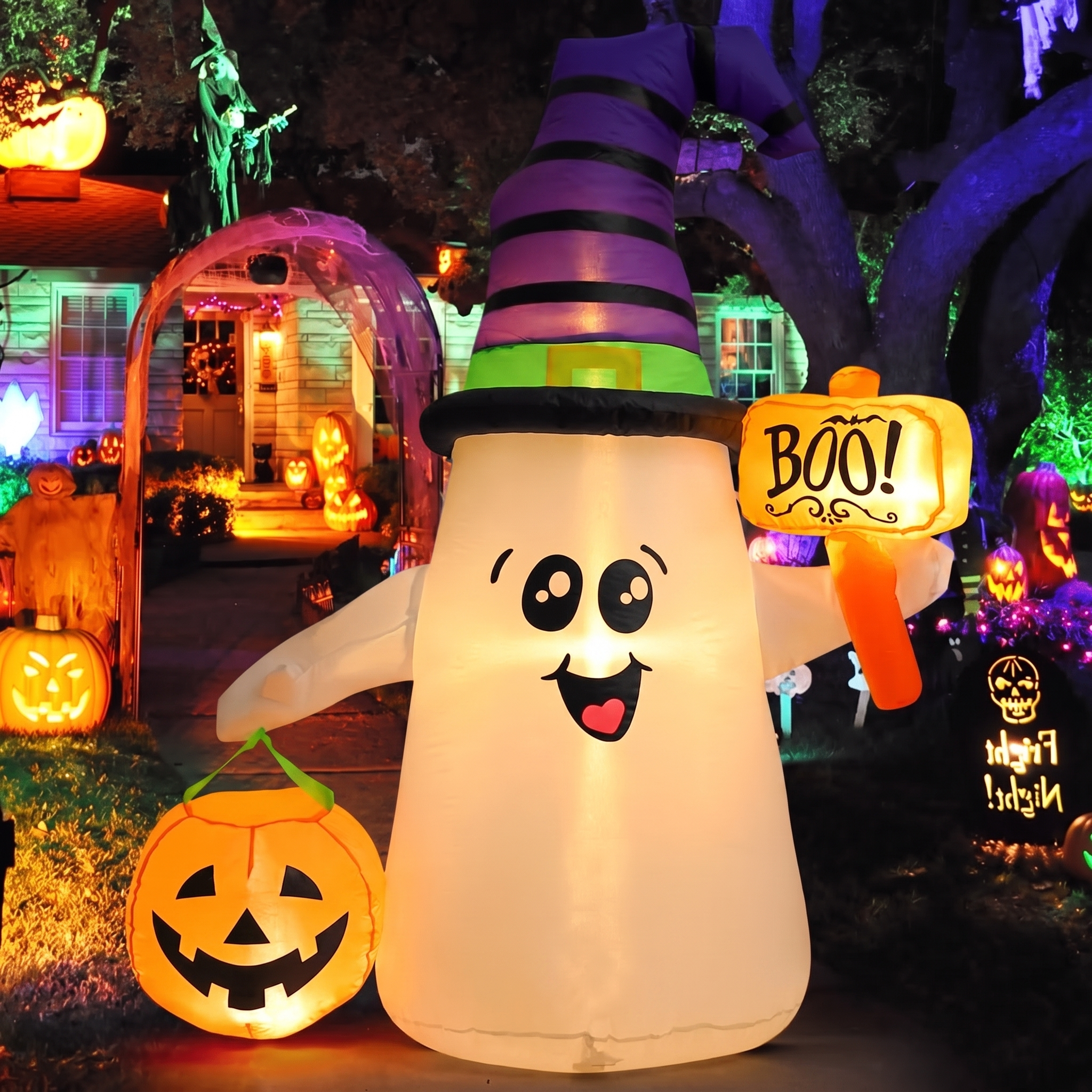 5 ft Halloween Inflatable Wizard Ghost with Pumpkin - Light-Up Blow-Up Yard Decoration