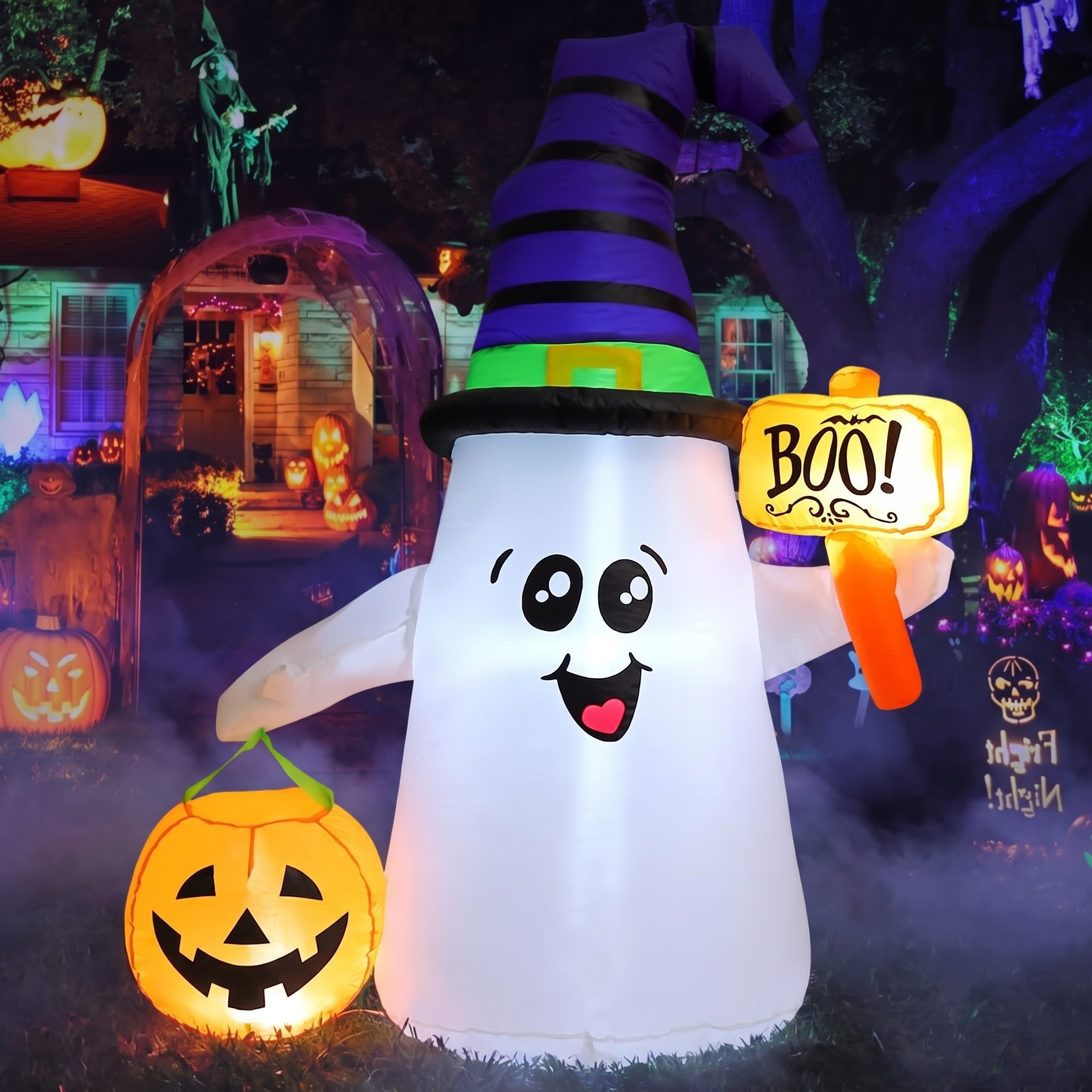 5 ft Halloween Inflatable Wizard Ghost with Pumpkin - Light-Up Blow-Up Yard Decoration
