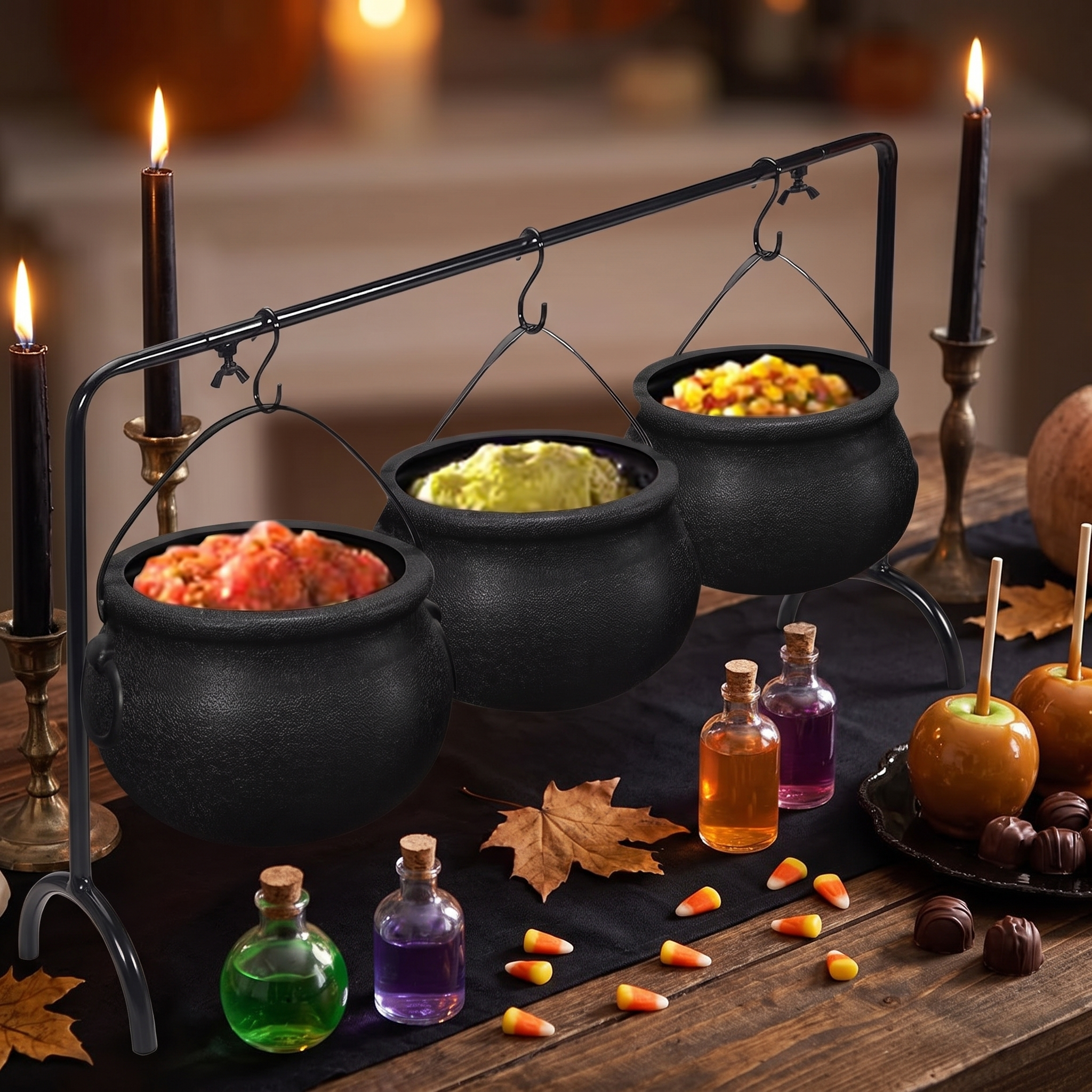 Witches Cauldron Serving Bowls Set of 3 on Rack - Hocus Pocus Halloween Party Decor