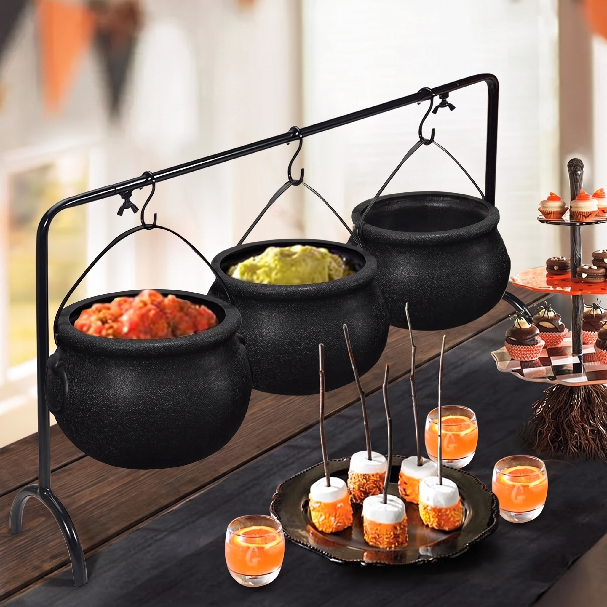 Witches Cauldron Serving Bowls Set of 3 on Rack - Hocus Pocus Halloween Party Decor