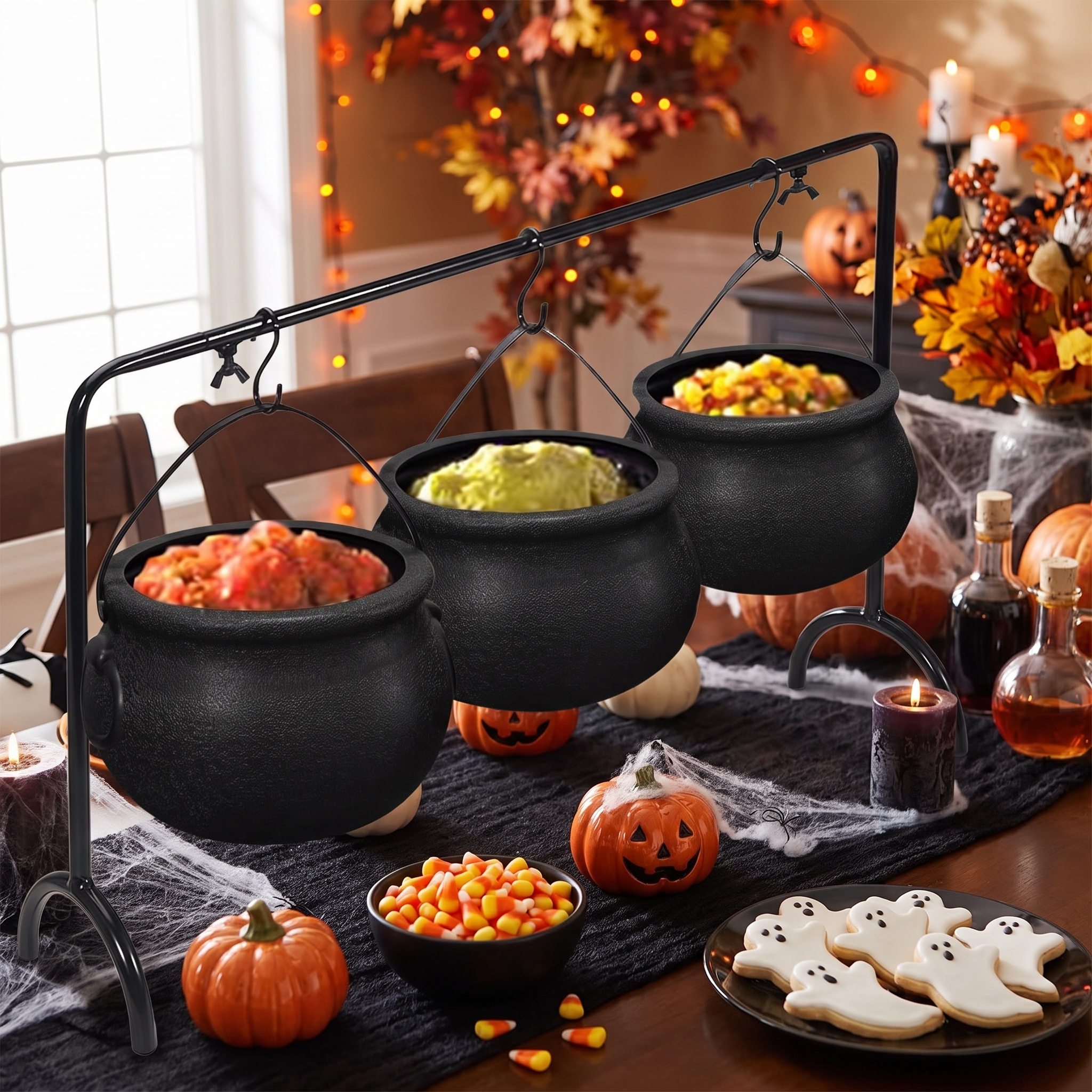 Witches Cauldron Serving Bowls Set of 3 on Rack - Hocus Pocus Halloween Party Decor