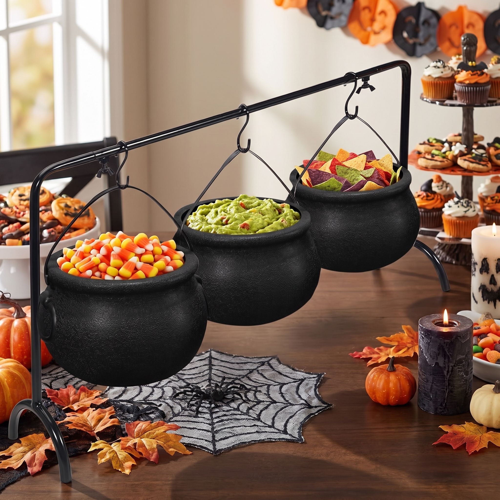 Witches Cauldron Serving Bowls Set of 3 on Rack - Hocus Pocus Halloween Party Decor