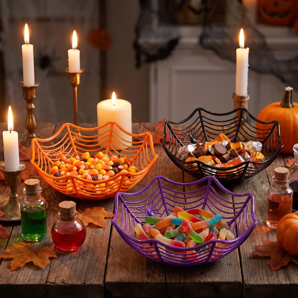 Halloween Spider Web Candy Bowls - 3 Pack, 11 inch (Orange, Black, Purple)