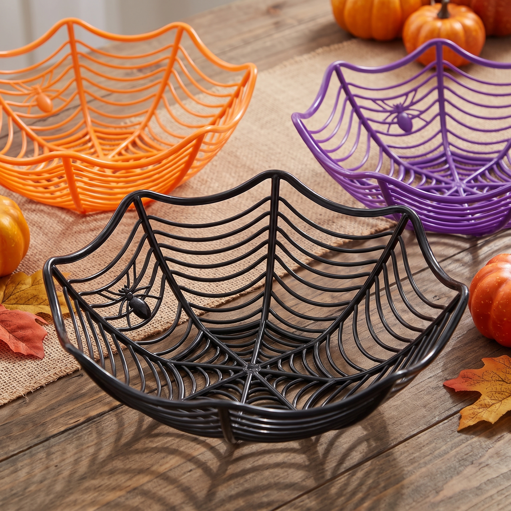 Halloween Spider Web Candy Bowls - 3 Pack, 11 inch (Orange, Black, Purple)