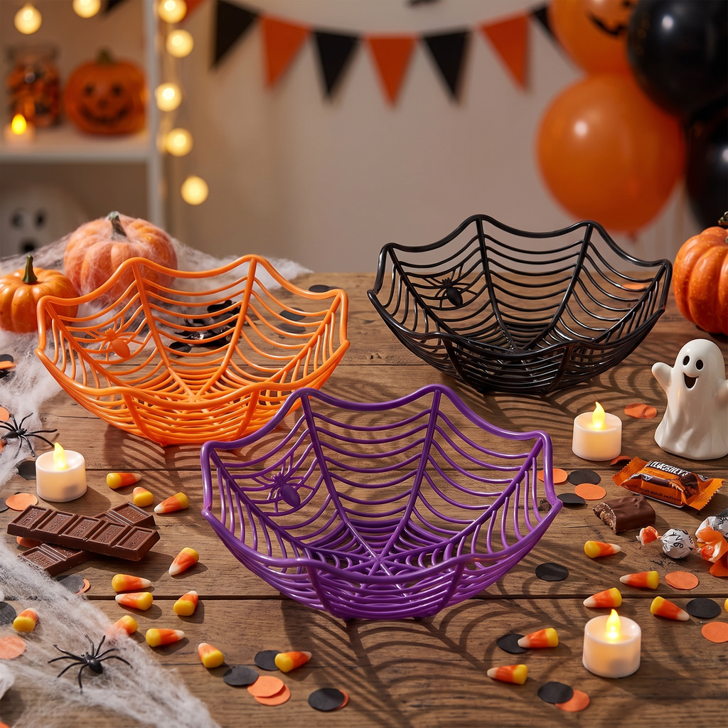 Halloween Spider Web Candy Bowls - 3 Pack, 11 inch (Orange, Black, Purple)