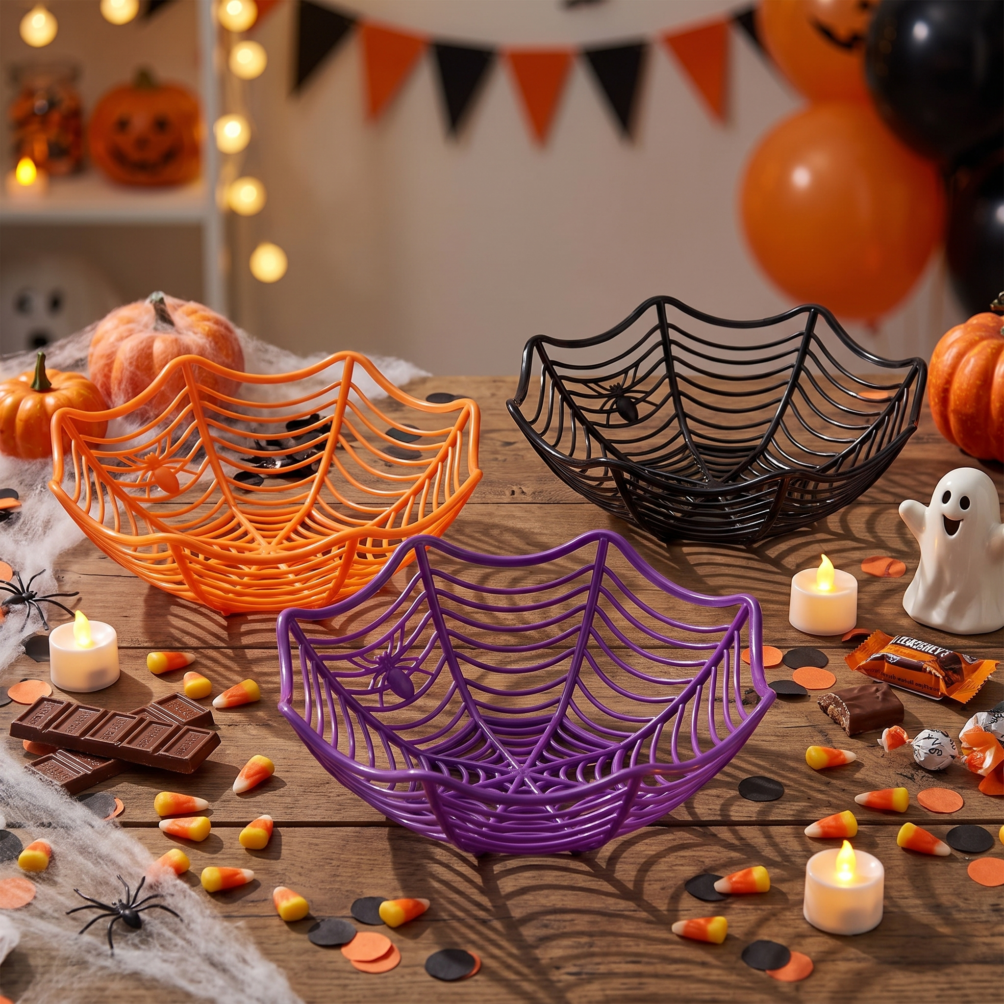 Halloween Spider Web Candy Bowls - 3 Pack, 11 inch (Orange, Black, Purple)