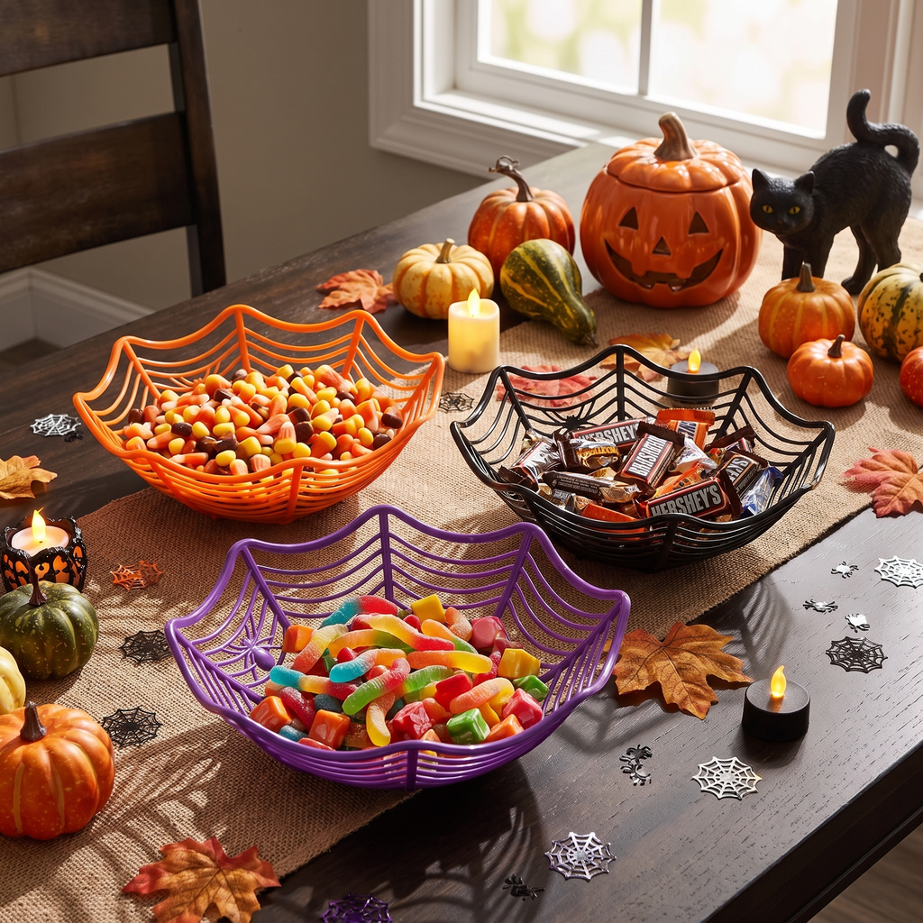 Halloween Spider Web Candy Bowls - 3 Pack, 11 inch (Orange, Black, Purple)