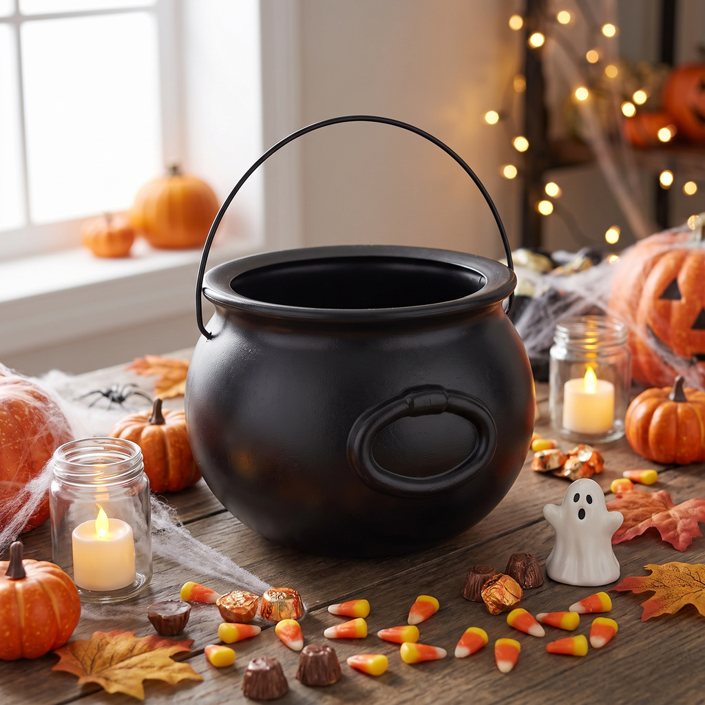 8 inch Black Witch Cauldron Bucket - Halloween Candy Bowl & Trick-or-Treat Pail
